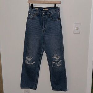 Levi’s Ribcage Straight Ankle Jeans 25 Distressed High Rise Blue Denim